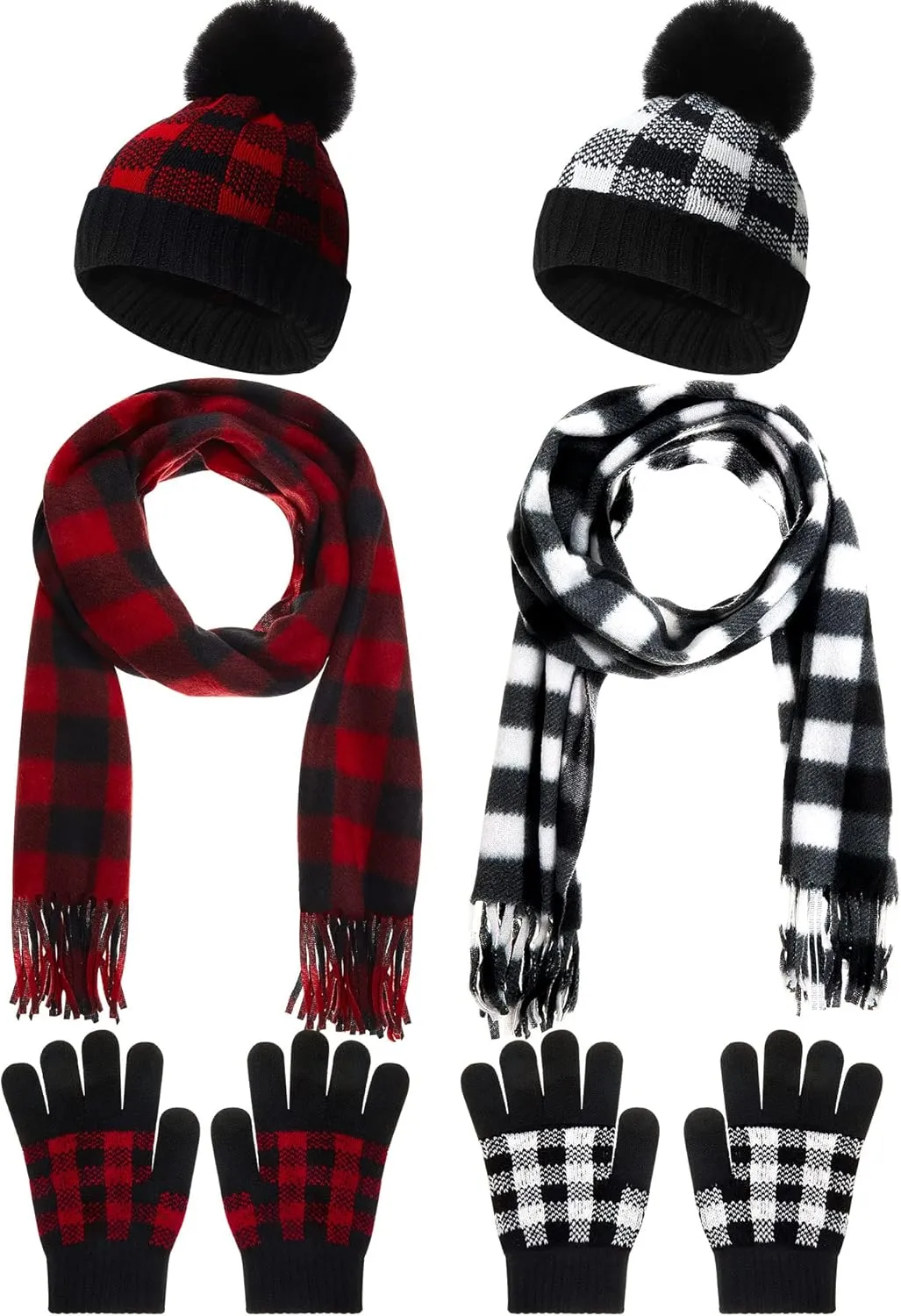 6 Pcs Buffalo Plaid Winter Warm Sets for Kids 2 Pcs Knitted Pom Beanie Hat