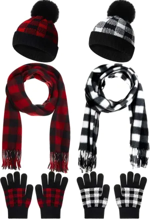 6 Pcs Buffalo Plaid Winter Warm Sets for Kids 2 Pcs Knitted Pom Beanie Hat