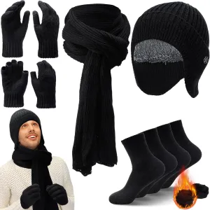 8 Pcs Winter Warm Set for Men Black Knitted Beanie Earflap Cap Touchscreen Half Finger Glove Scarf Socks