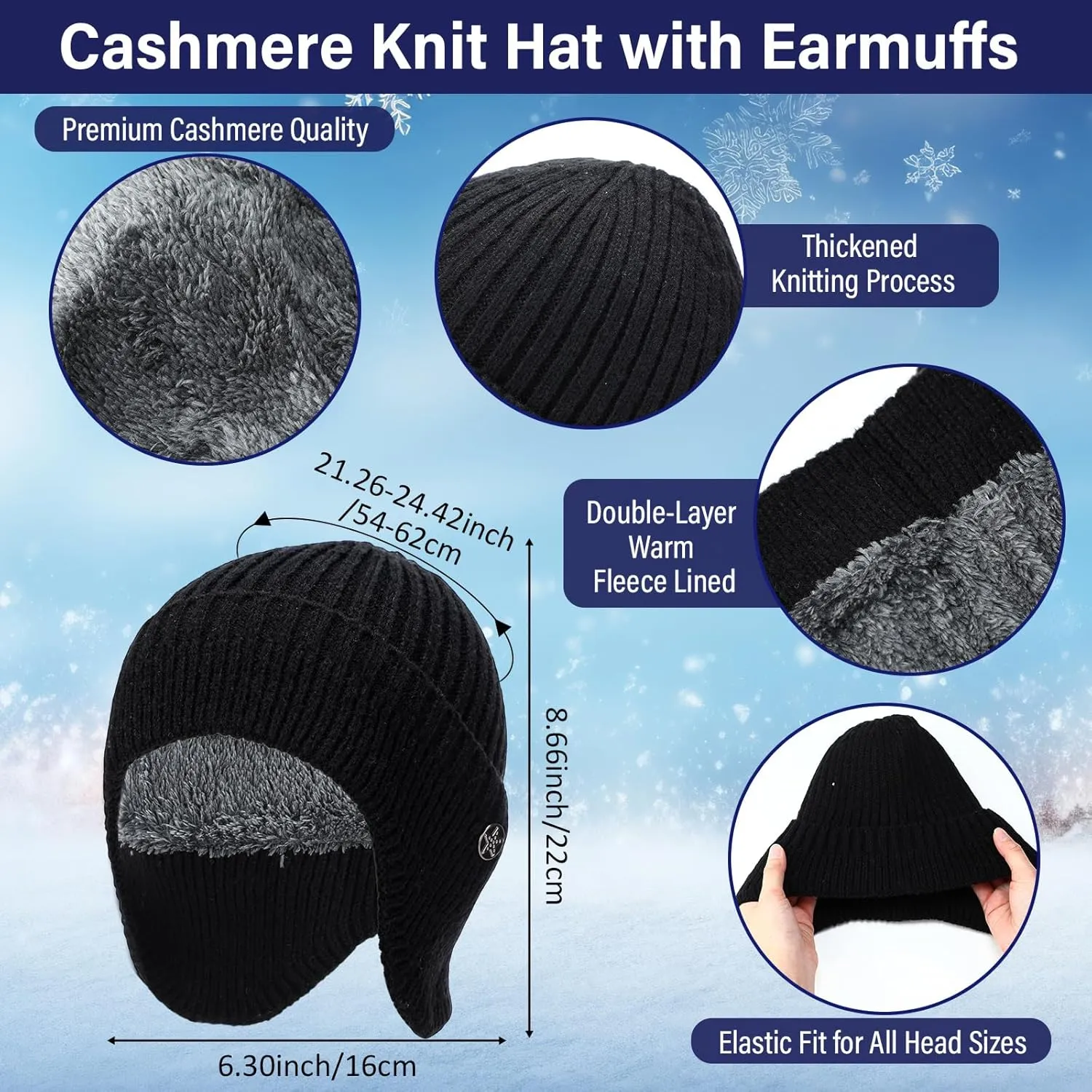 8 Pcs Winter Warm Set for Men Black Knitted Beanie Earflap Cap Touchscreen Half Finger Glove Scarf Socks