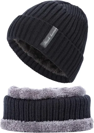 Beanie Hat Scarf Set for Men Women Slouchy Knit Skull Cap Neck Warmer Thicken Fleece Winter Cap