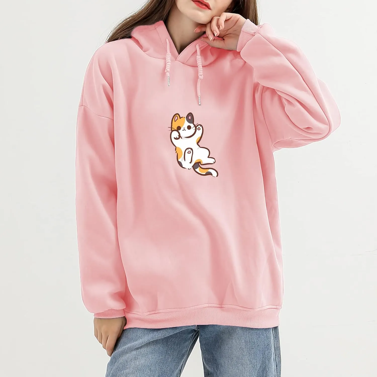 Bobeutou Women Cute Cat Print Oversized Hoodies for Teen Girls Aesthetic Kawaii Cartoon Graphic Fleece Sweatshirt Pullovers