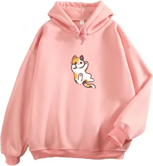 Bobeutou Women Cute Cat Print Oversized Hoodies for Teen Girls Aesthetic Kawaii Cartoon Graphic Fleece Sweatshirt Pullovers