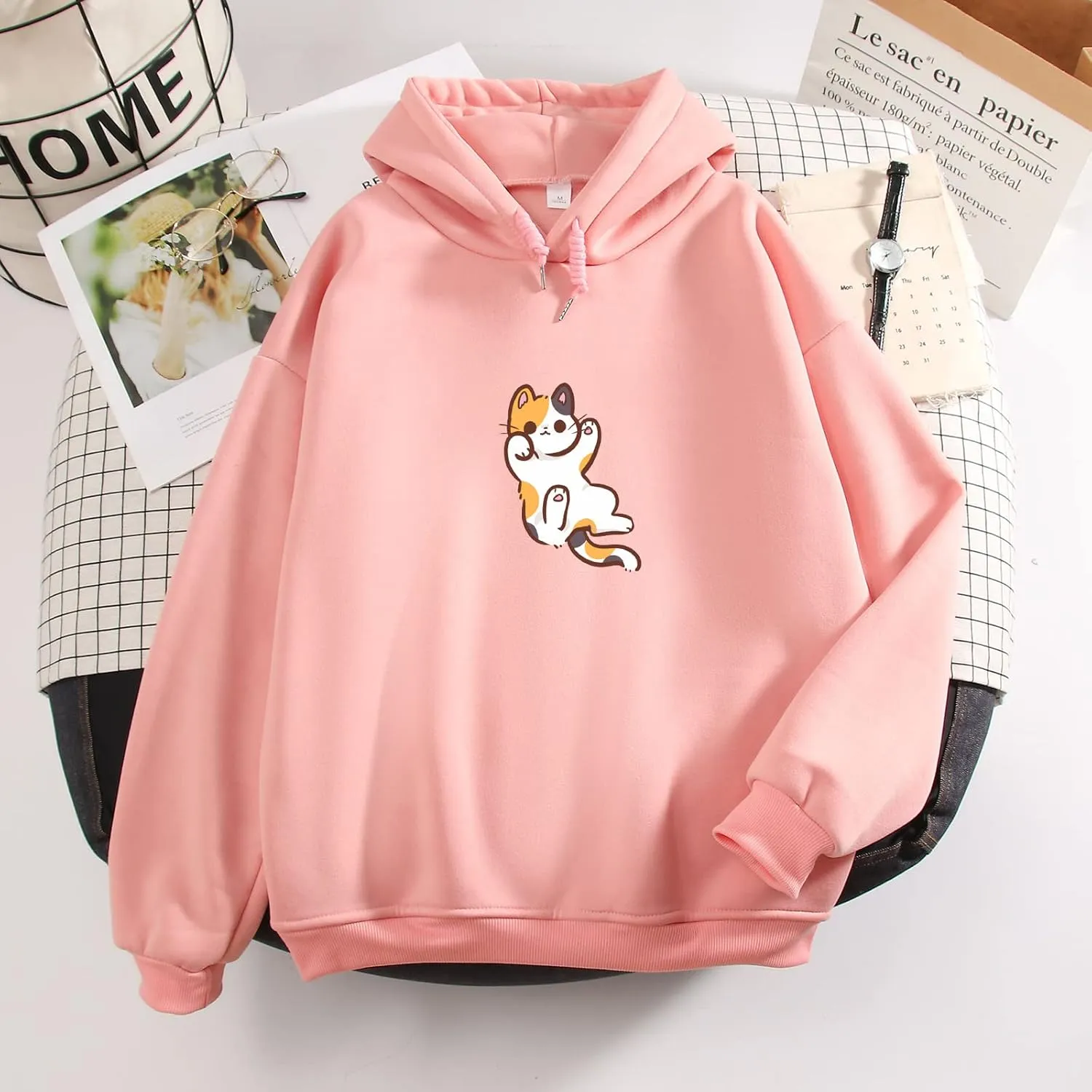 Bobeutou Women Cute Cat Print Oversized Hoodies for Teen Girls Aesthetic Kawaii Cartoon Graphic Fleece Sweatshirt Pullovers