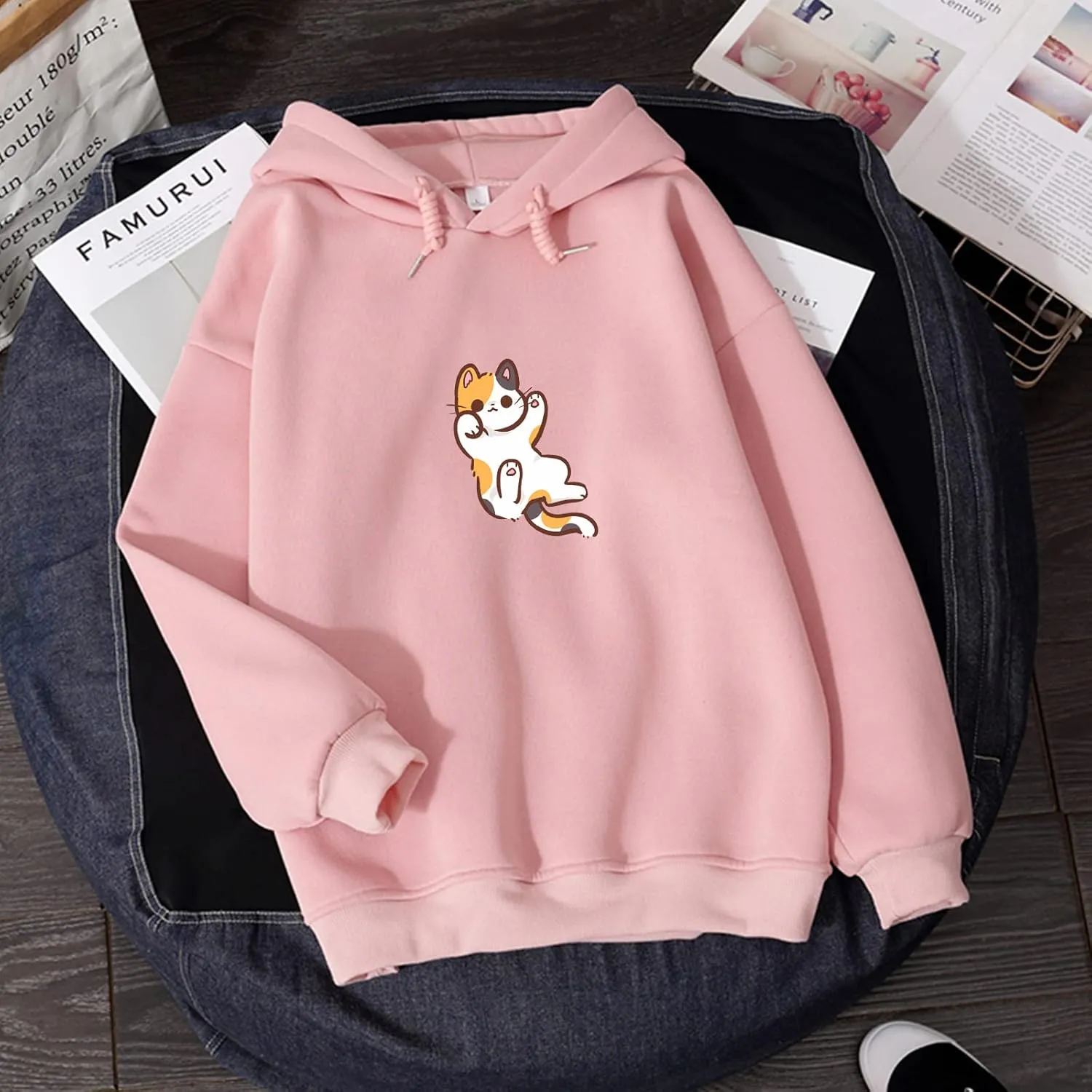 Bobeutou Women Cute Cat Print Oversized Hoodies for Teen Girls Aesthetic Kawaii Cartoon Graphic Fleece Sweatshirt Pullovers