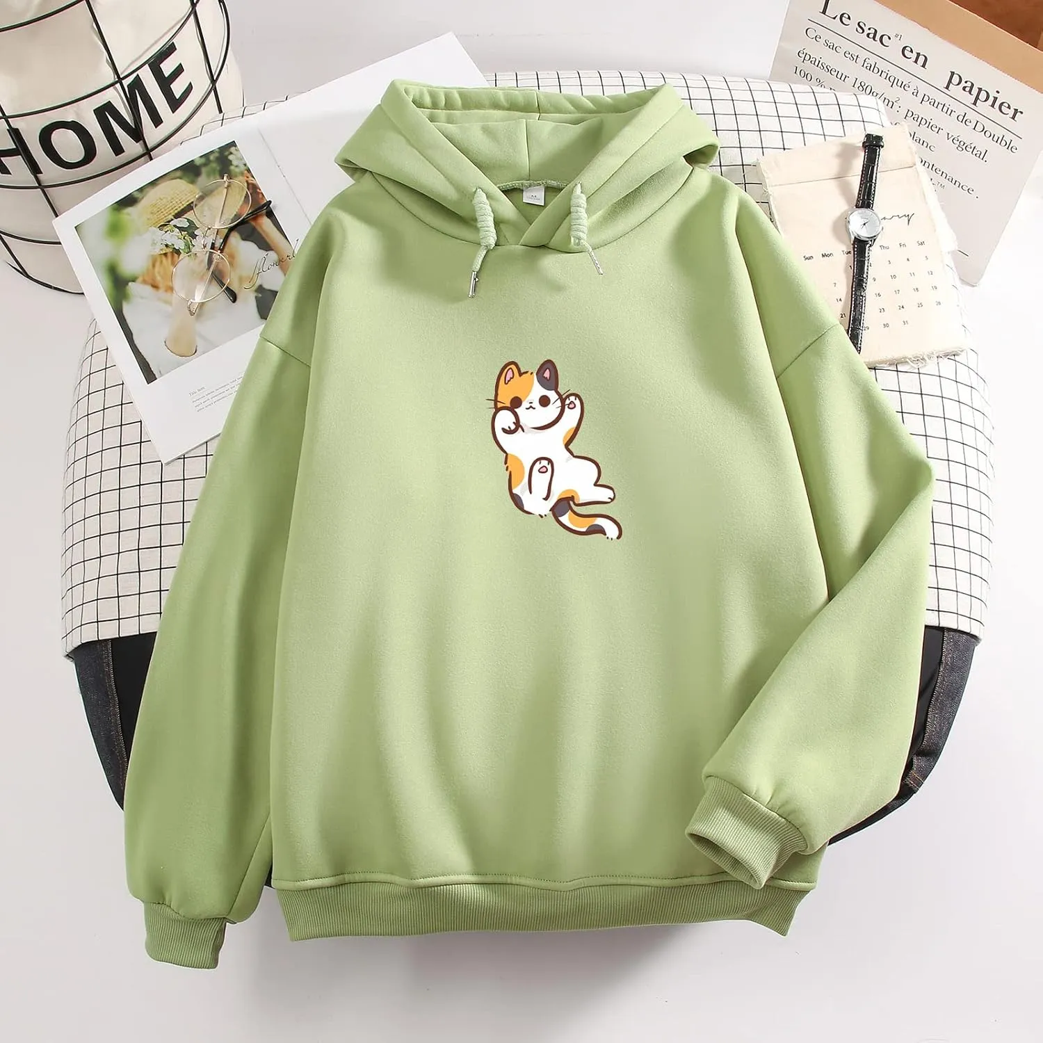 Bobeutou Women Cute Cat Print Oversized Hoodies for Teen Girls Aesthetic Kawaii Cartoon Graphic Fleece Sweatshirt Pullovers