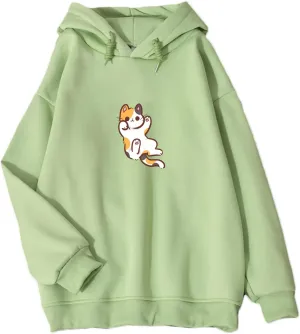 Bobeutou Women Cute Cat Print Oversized Hoodies for Teen Girls Aesthetic Kawaii Cartoon Graphic Fleece Sweatshirt Pullovers