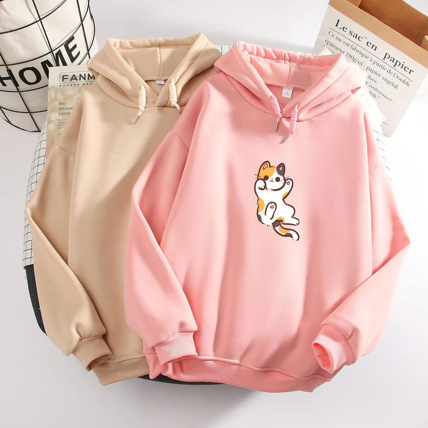 Bobeutou Women Cute Cat Print Oversized Hoodies for Teen Girls Aesthetic Kawaii Cartoon Graphic Fleece Sweatshirt Pullovers