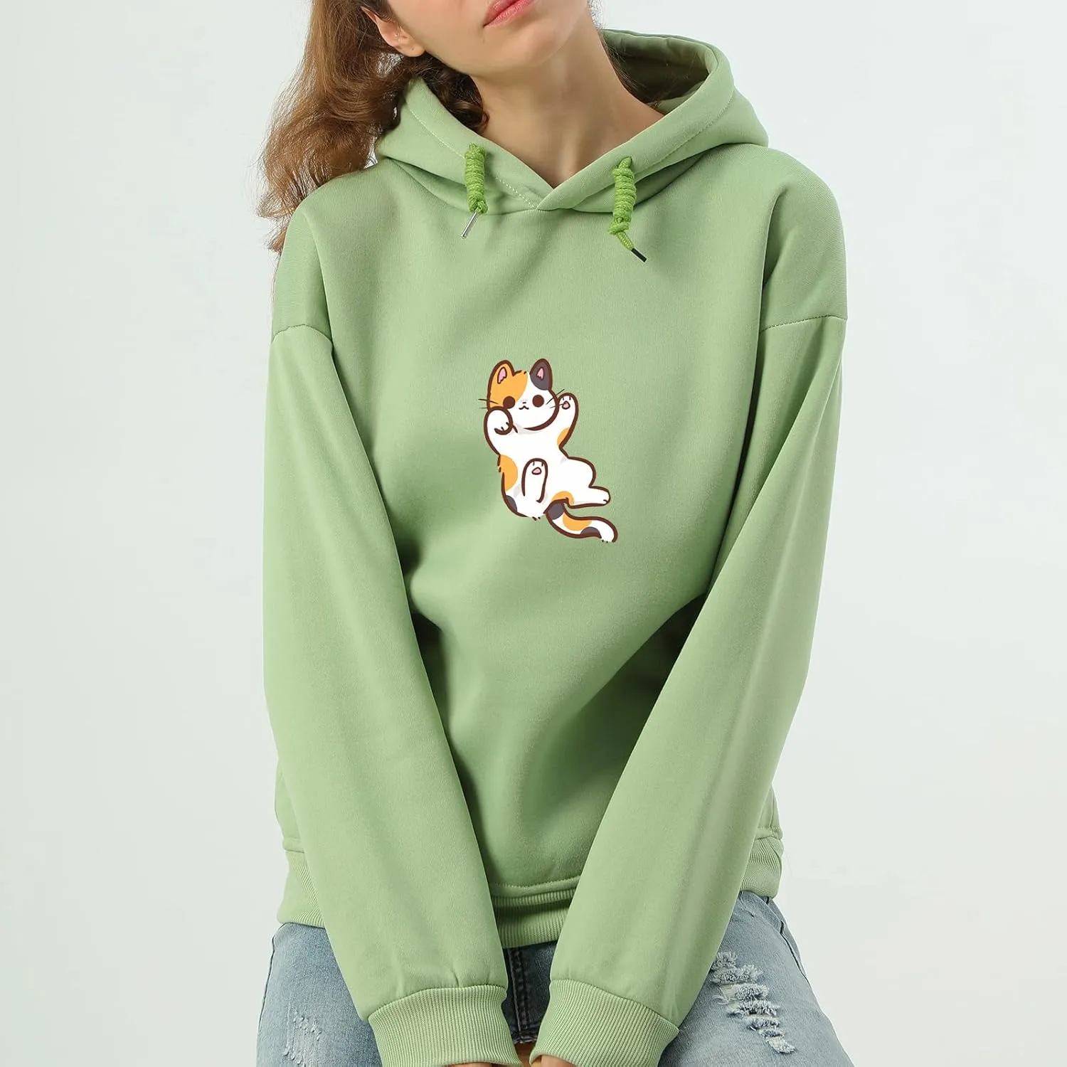 Bobeutou Women Cute Cat Print Oversized Hoodies for Teen Girls Aesthetic Kawaii Cartoon Graphic Fleece Sweatshirt Pullovers
