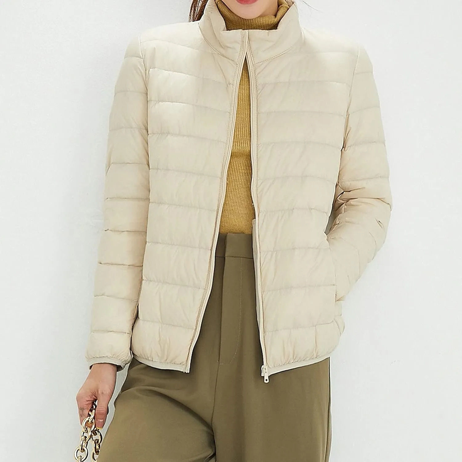 Cropped Puffer Coat Women Lightweight Down Jacket Packable Parkas Jacket Outerwear Full Zip Winter Hooded Quilted Coat