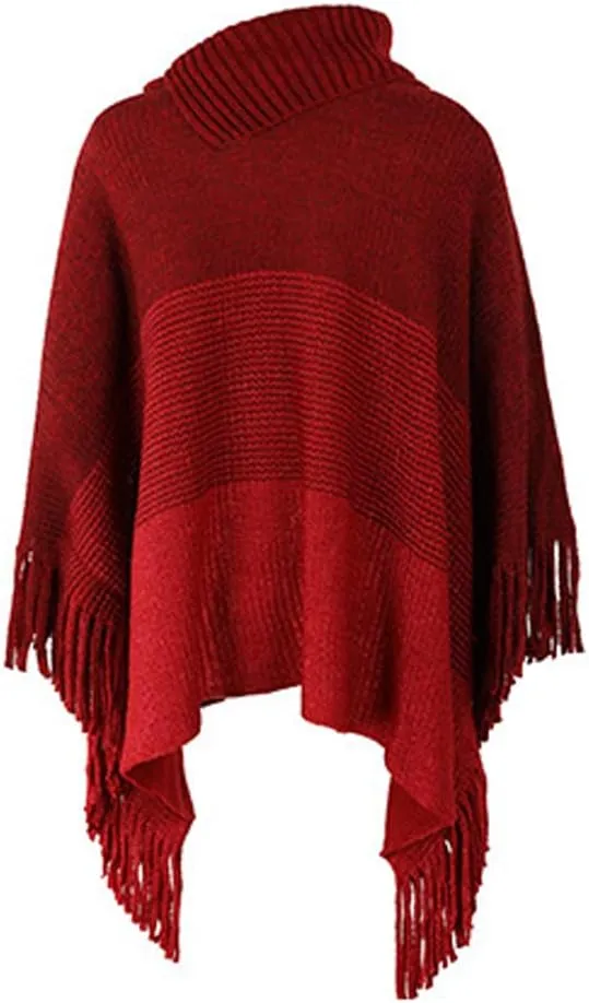 DNLKWGO Oversized Knitted Pullover Sweater Poncho Turtleneck Shawl Sweater with Fringe for Women Girls
