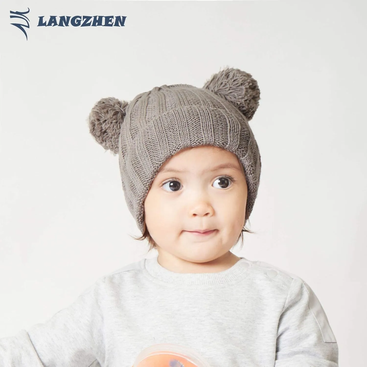 LANGZHEN Winter Warm Knitted Baby Hats for Girls Pom Pom Kid Toddler Boys Beanies Cap with Fleece Lining