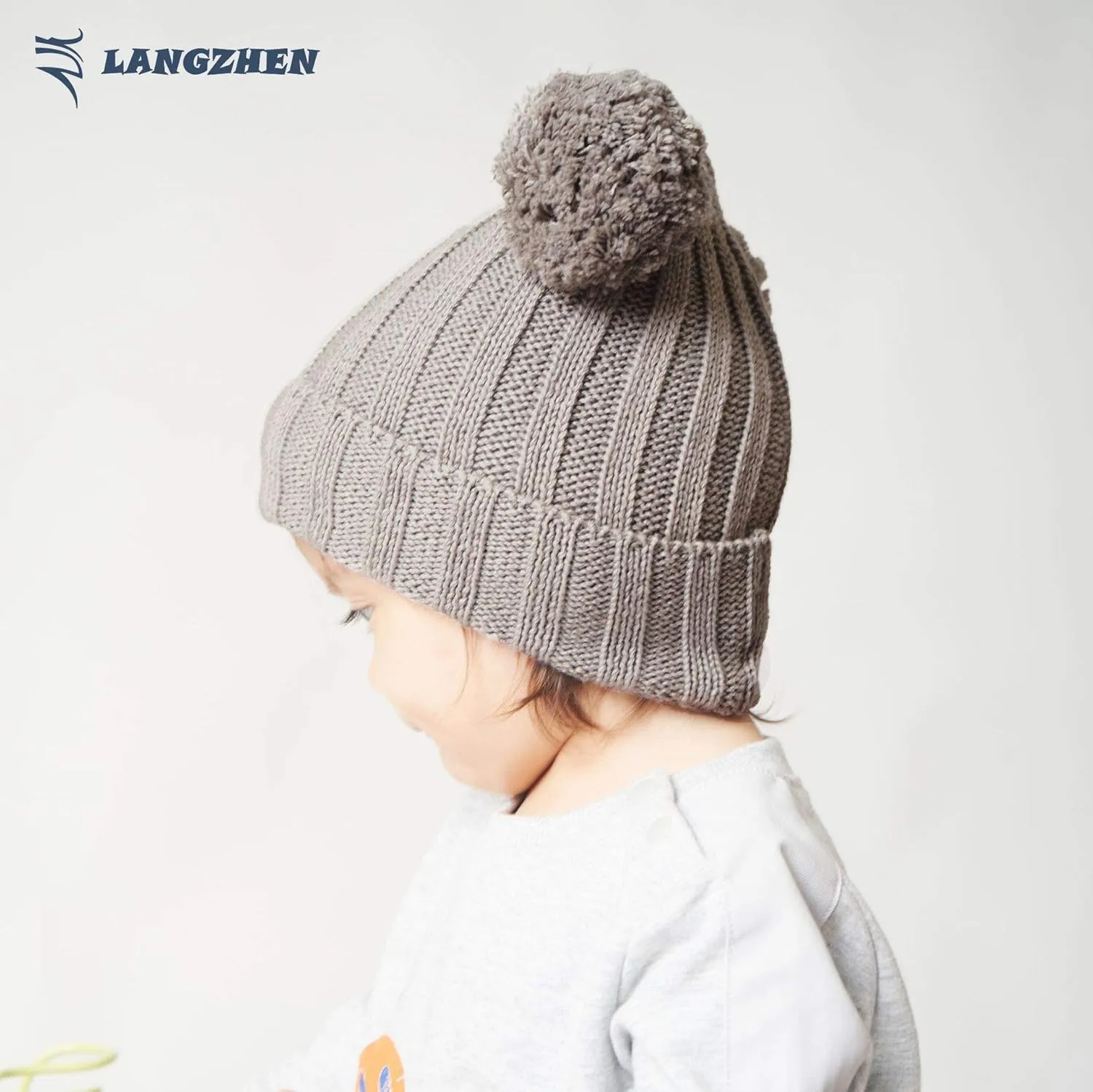 LANGZHEN Winter Warm Knitted Baby Hats for Girls Pom Pom Kid Toddler Boys Beanies Cap with Fleece Lining