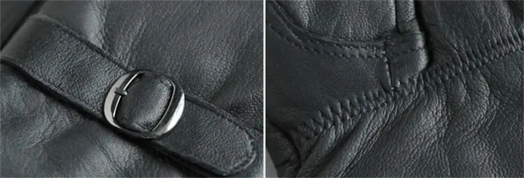 Men Winter Fleece Lining Cow Leather Split Finger Gloves Riding Genuine Leather Mittens Wrist Driving Glove Black One Size