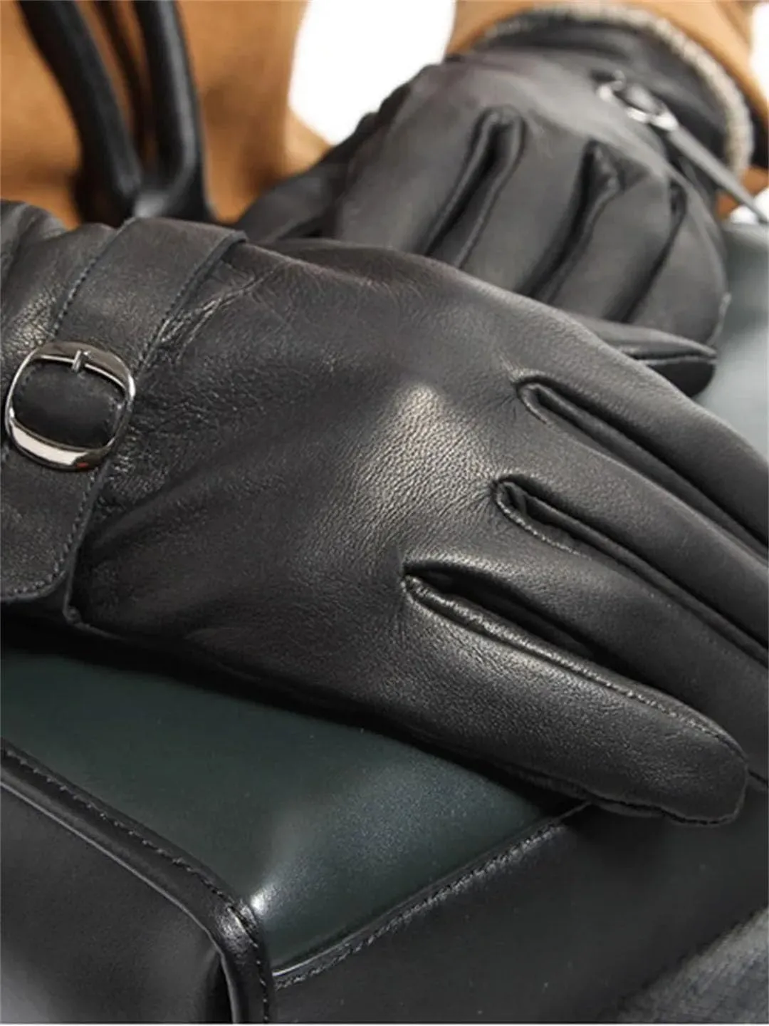 Men Winter Fleece Lining Cow Leather Split Finger Gloves Riding Genuine Leather Mittens Wrist Driving Glove Black One Size