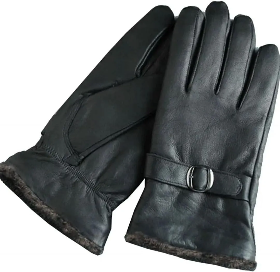 Men Winter Fleece Lining Cow Leather Split Finger Gloves Riding Genuine Leather Mittens Wrist Driving Glove Black One Size
