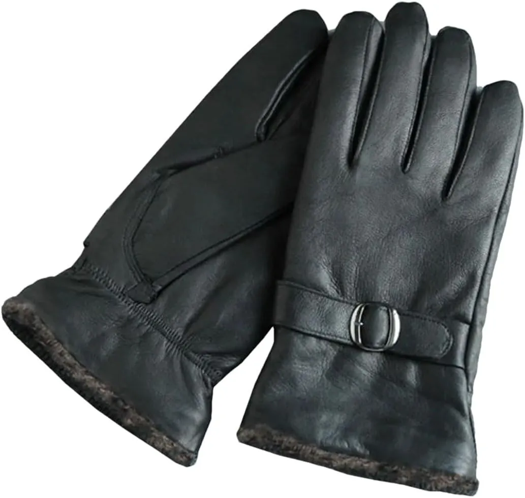 Men Winter Fleece Lining Cow Leather Split Finger Gloves Riding Genuine Leather Mittens Wrist Driving Glove Black One Size