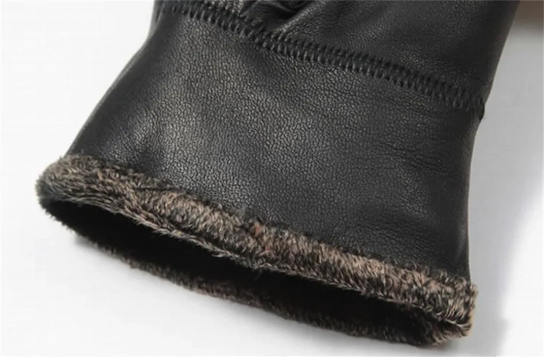 Men Winter Fleece Lining Cow Leather Split Finger Gloves Riding Genuine Leather Mittens Wrist Driving Glove Black One Size