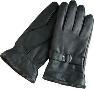 Men Winter Fleece Lining Cow Leather Split Finger Gloves Riding Genuine Leather Mittens Wrist Driving Glove Black One Size