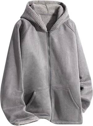 Men's Fleece Long Sleeve Hoodies Jacket Full Zipper Jacket Winter Casual Plush Warm Oversized Outwear with Pocket