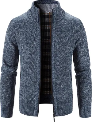 Men's Fleece Sweater Cardigan Jacket Full Zip Regular Fit Stand Collar Jackets Casual Business Plus Size Outwear with Pockets