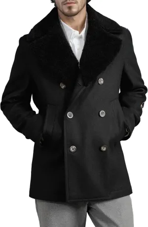 Mens Fur Collar Wool Overcoat Slim Fit Casual Business Trench Overcoats Winter Coat Double Breasted Male Peacoat