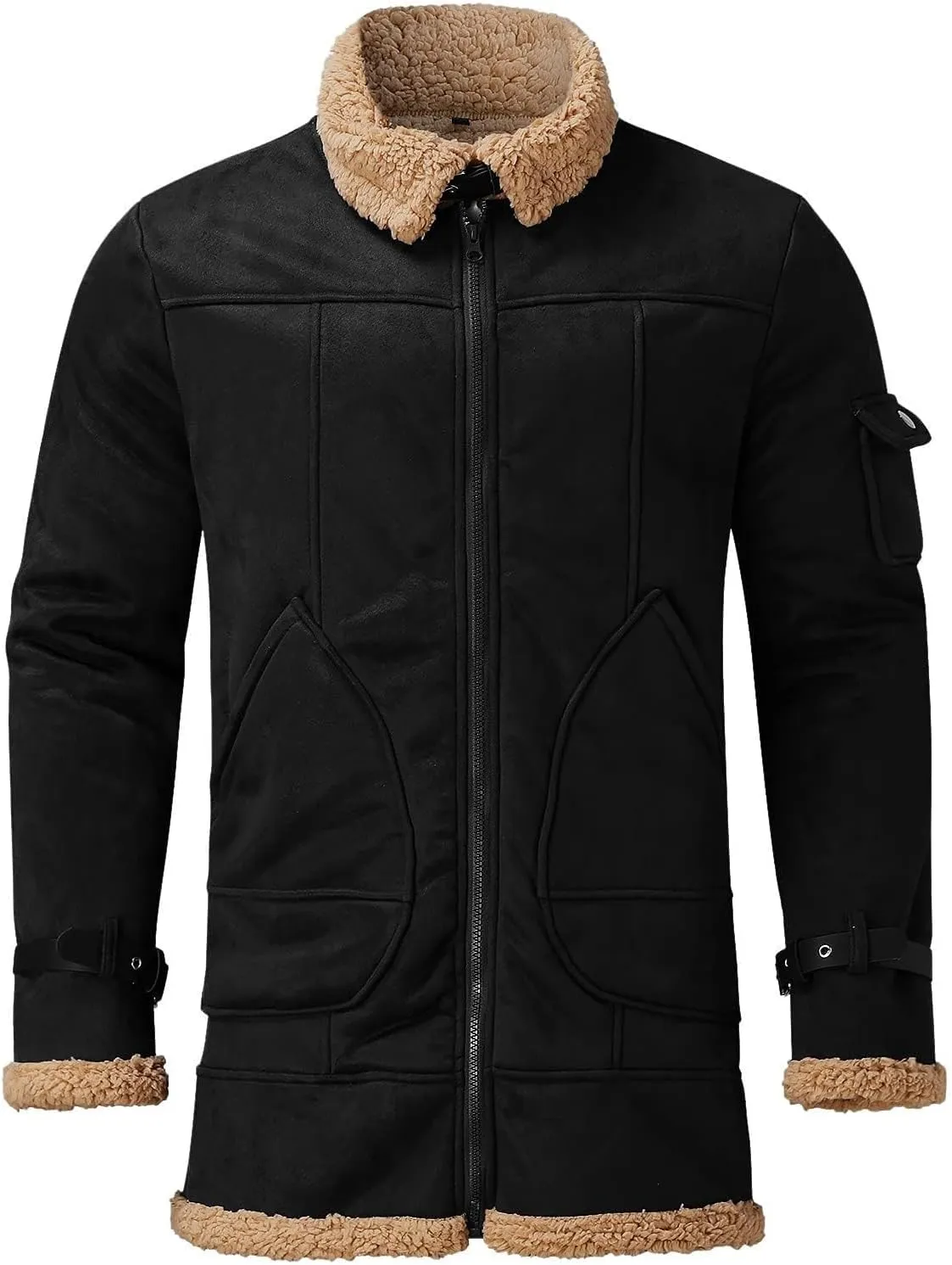 Men's Lamb Wool Bomber Coat Faux Leather Sherpa Fleece Lined Jackets Heavyweight Vintage Suede Faux Fur Trench-Coat