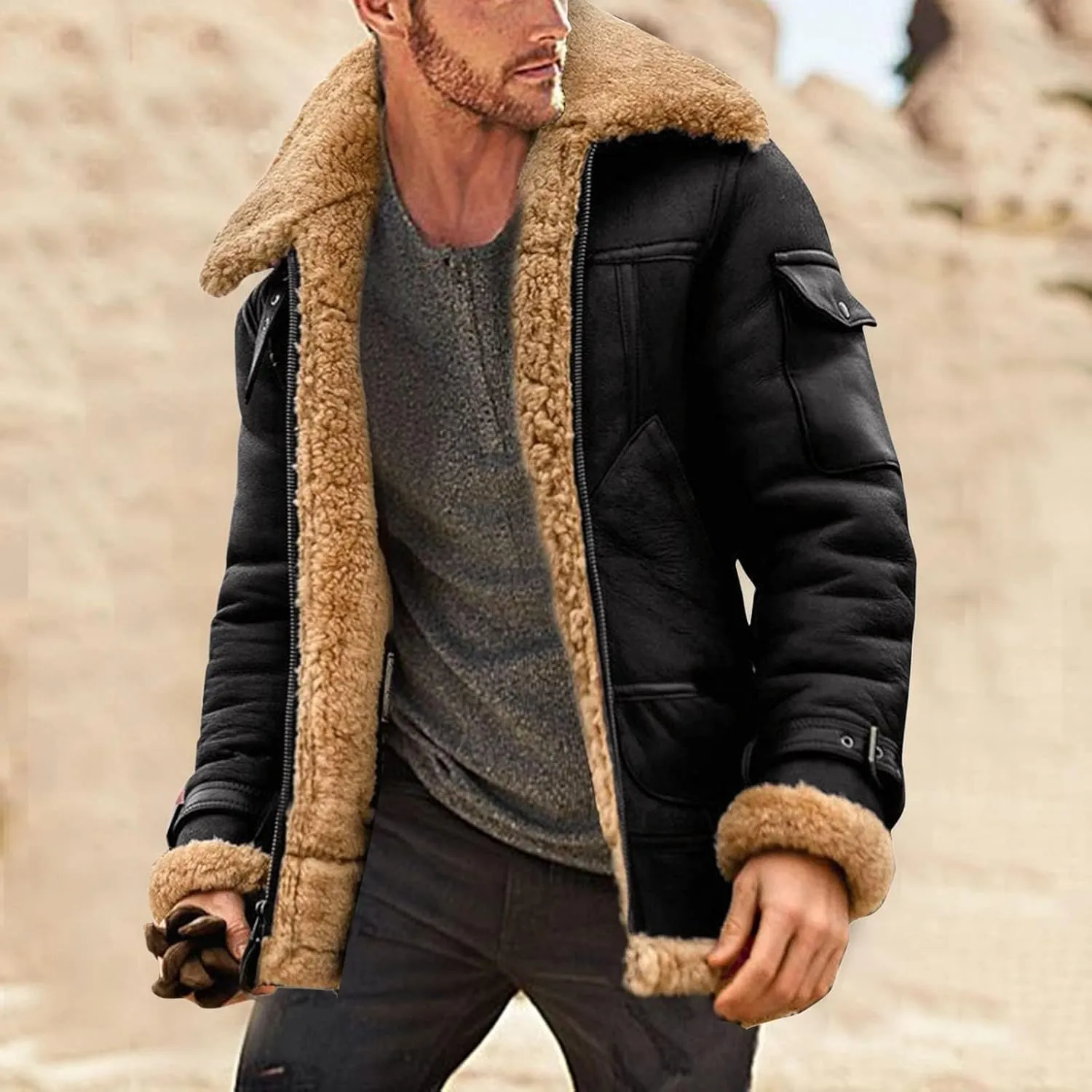 Men's Lamb Wool Bomber Coat Faux Leather Sherpa Fleece Lined Jackets Heavyweight Vintage Suede Faux Fur Trench-Coat
