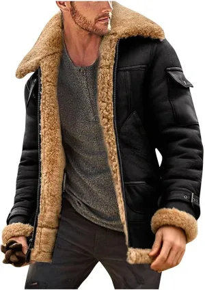 Men's Lamb Wool Bomber Coat Faux Leather Sherpa Fleece Lined Jackets Heavyweight Vintage Suede Faux Fur Trench-Coat