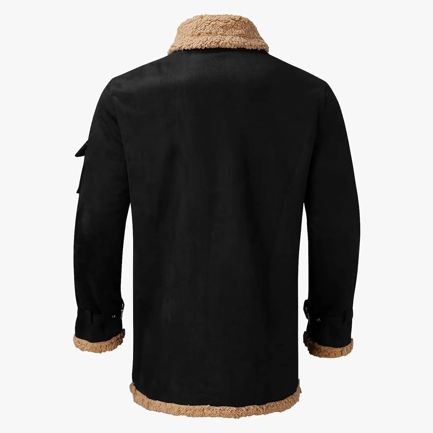 Men's Lamb Wool Bomber Coat Faux Leather Sherpa Fleece Lined Jackets Heavyweight Vintage Suede Faux Fur Trench-Coat