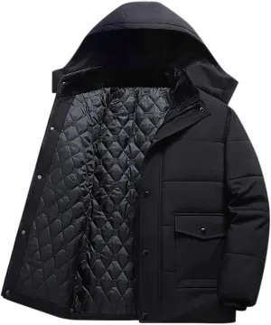 Mens Puffer Jacket Fleece Lined Down Coat Hooded Quilted Jacket Plus Size Padded Coat Warm Insulated Jacket Winter Coat