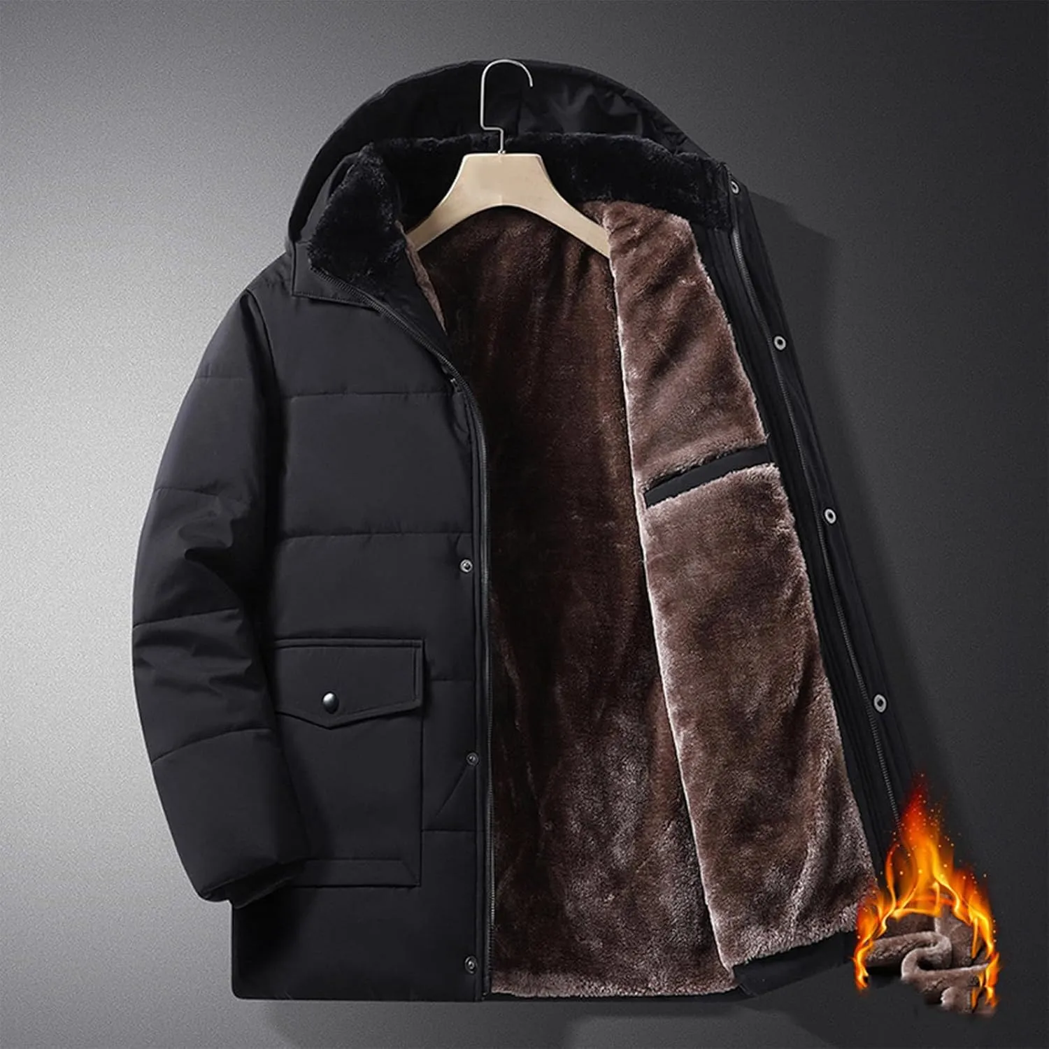Mens Puffer Jacket Fleece Lined Down Coat Hooded Quilted Jacket Plus Size Padded Coat Warm Insulated Jacket Winter Coat