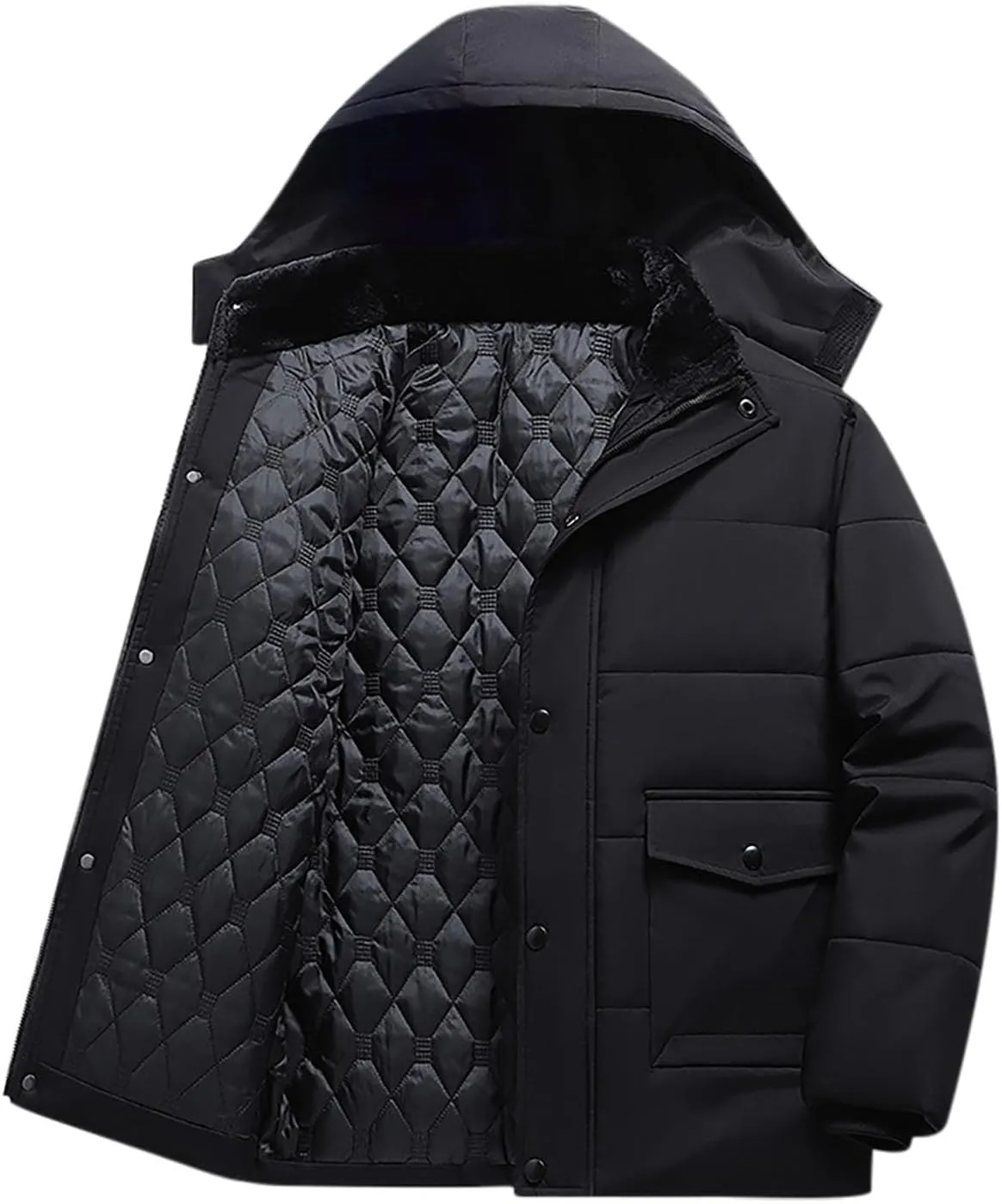 Mens Puffer Jacket Fleece Lined Down Coat Hooded Quilted Jacket Plus Size Padded Coat Warm Insulated Jacket Winter Coat