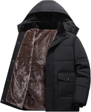 Mens Puffer Jacket Fleece Lined Down Coat Hooded Quilted Jacket Plus Size Padded Coat Warm Insulated Jacket Winter Coat