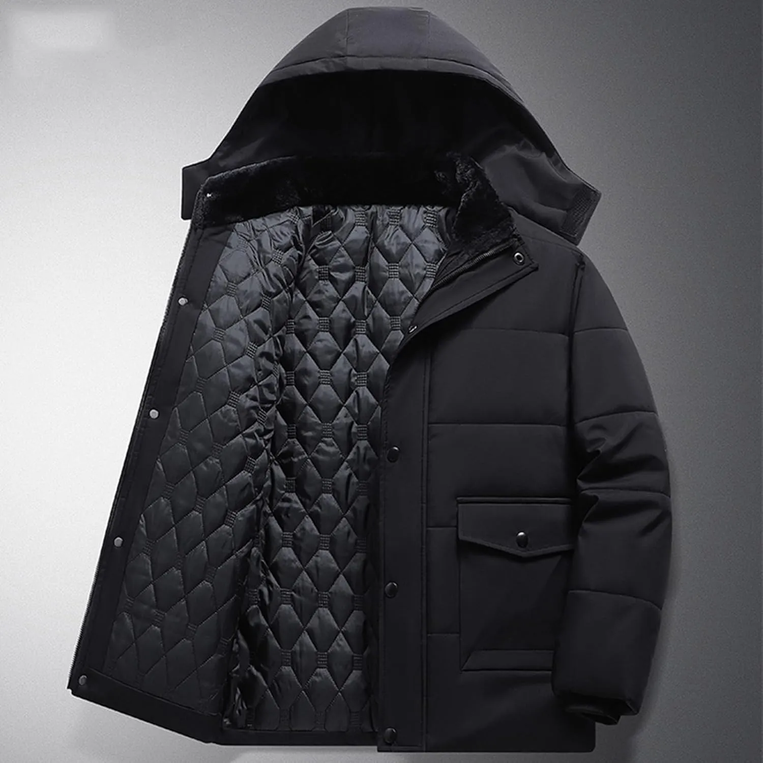 Mens Puffer Jacket Fleece Lined Down Coat Hooded Quilted Jacket Plus Size Padded Coat Warm Insulated Jacket Winter Coat