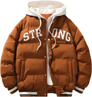 Men's Puffer Jackets Winter with Hood Thickened Lightweight Plus Size Down Coats Casual Letter Print Loose Quilted Jacket