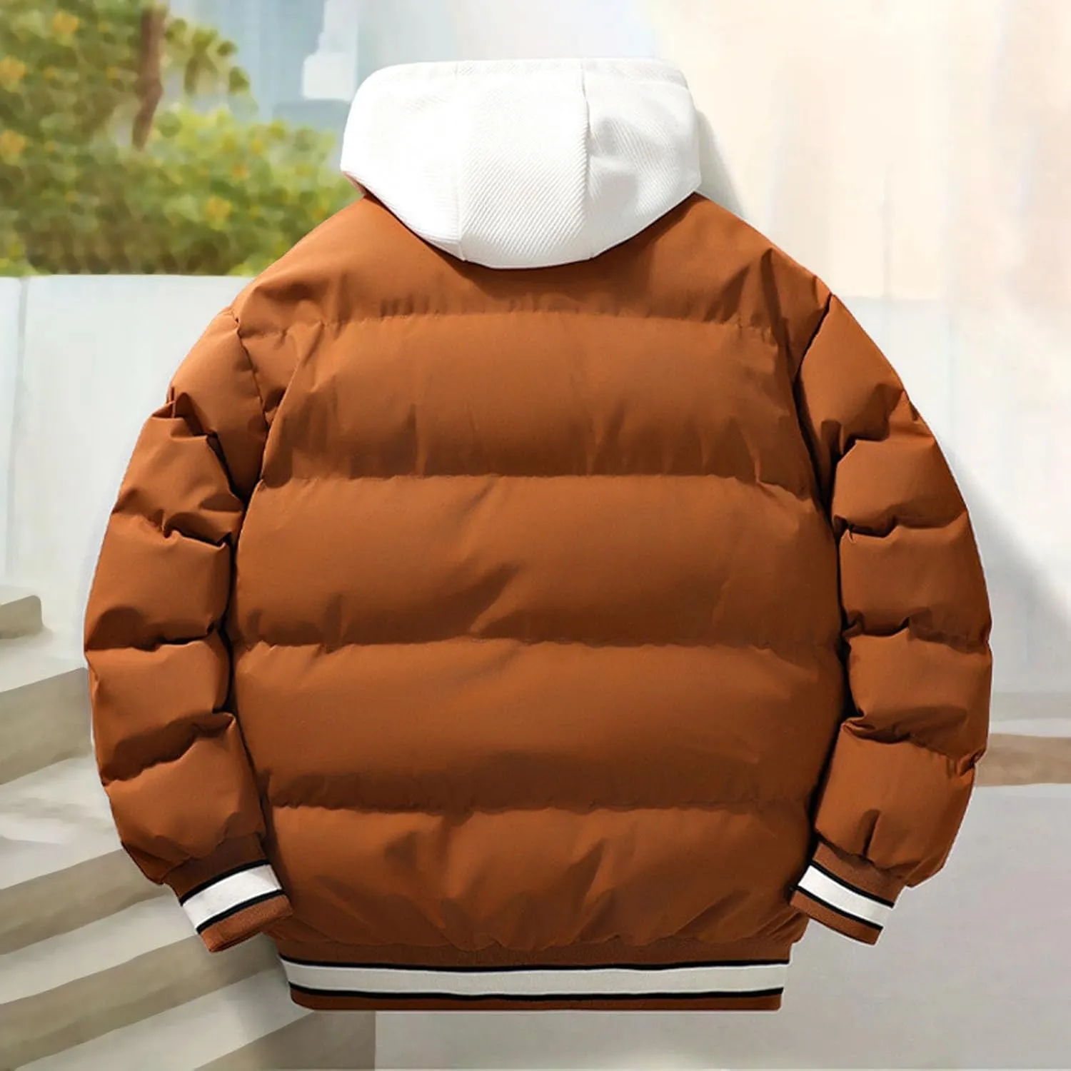 Men's Puffer Jackets Winter with Hood Thickened Lightweight Plus Size Down Coats Casual Letter Print Loose Quilted Jacket