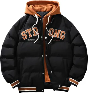 Men's Puffer Jackets Winter with Hood Thickened Lightweight Plus Size Down Coats Casual Letter Print Loose Quilted Jacket