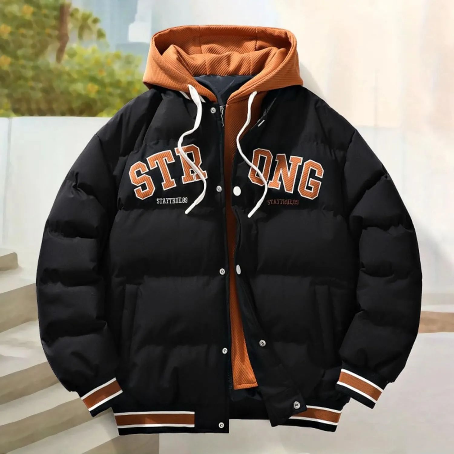 Men's Puffer Jackets Winter with Hood Thickened Lightweight Plus Size Down Coats Casual Letter Print Loose Quilted Jacket