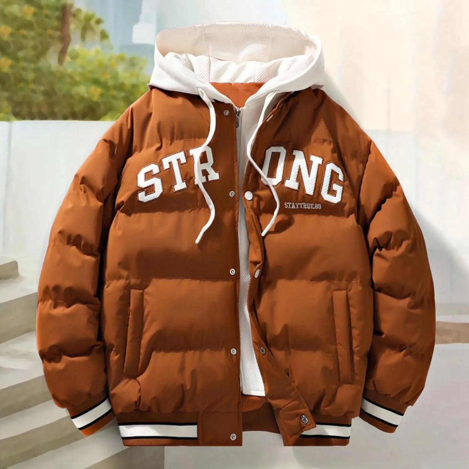 Men's Puffer Jackets Winter with Hood Thickened Lightweight Plus Size Down Coats Casual Letter Print Loose Quilted Jacket