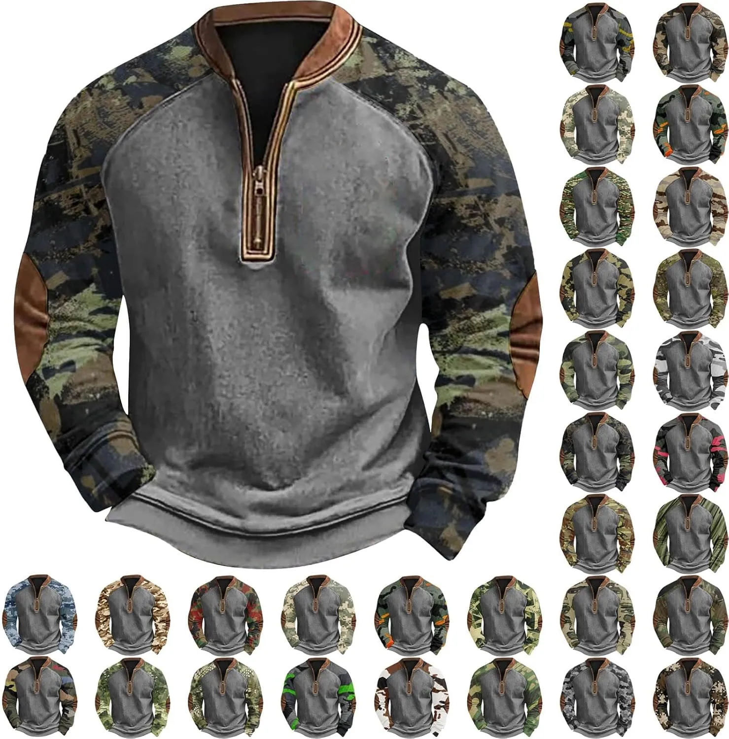 Quarter Zip Pullover Men Long Sleeve Camo Casual Sweatshirt 2024 Winter Henley Neck Plus Size Loose Pullover Tops
