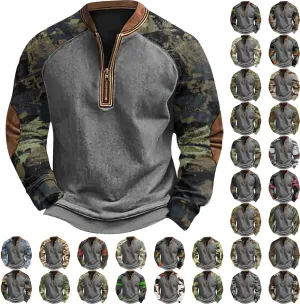 Quarter Zip Pullover Men Long Sleeve Camo Casual Sweatshirt 2024 Winter Henley Neck Plus Size Loose Pullover Tops