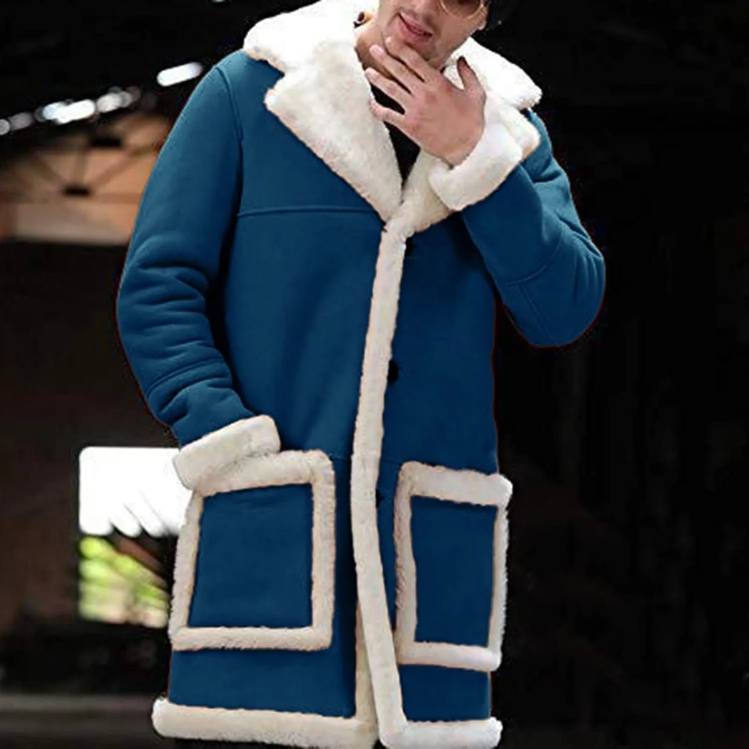 QWENTMTNTY Men's Faux Leather Winter Coats Suede Mid-Length Heavyweight Shearling Coat Big and Tall Thermal Sherpa Jacket