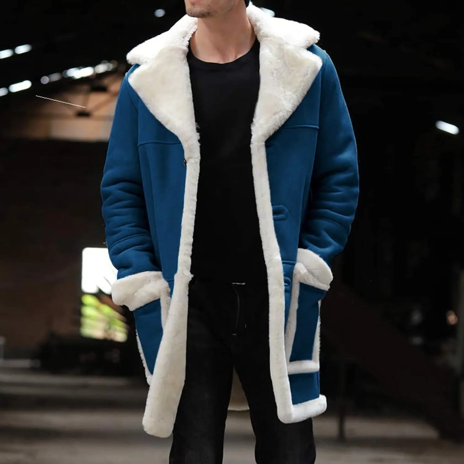 QWENTMTNTY Men's Faux Leather Winter Coats Suede Mid-Length Heavyweight Shearling Coat Big and Tall Thermal Sherpa Jacket