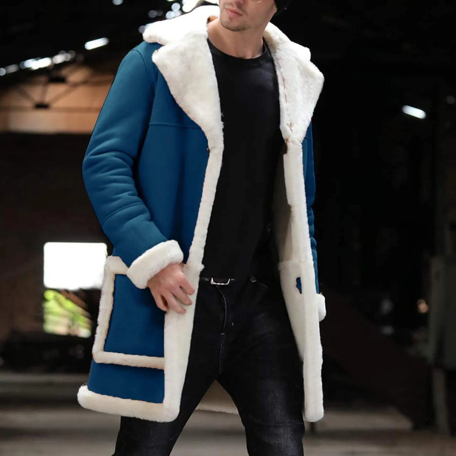 QWENTMTNTY Men's Faux Leather Winter Coats Suede Mid-Length Heavyweight Shearling Coat Big and Tall Thermal Sherpa Jacket