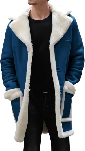 QWENTMTNTY Men's Faux Leather Winter Coats Suede Mid-Length Heavyweight Shearling Coat Big and Tall Thermal Sherpa Jacket