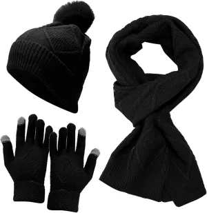Winter Warm Hat Scarf and Touch Screen Gloves Set Fleece Knit Beanie Hat Neck Warmer Long Scarf Winter Gloves for Women Men