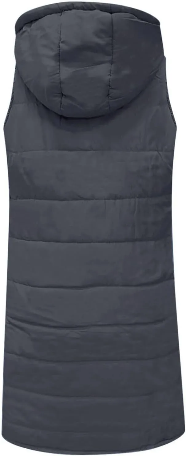 Women Long Vest Coat Down Jacket Warm Winter Sleeveless Quilted Parkas Overcoats Pocket Hooded Puffer Jackets