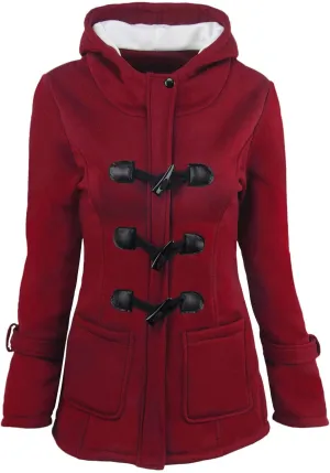 Womens Hooded Coats Fashion Horn Button Thicken Fleece Coat Warm Sherpa Lined Parkas Jacket Winter Casual Outerwear