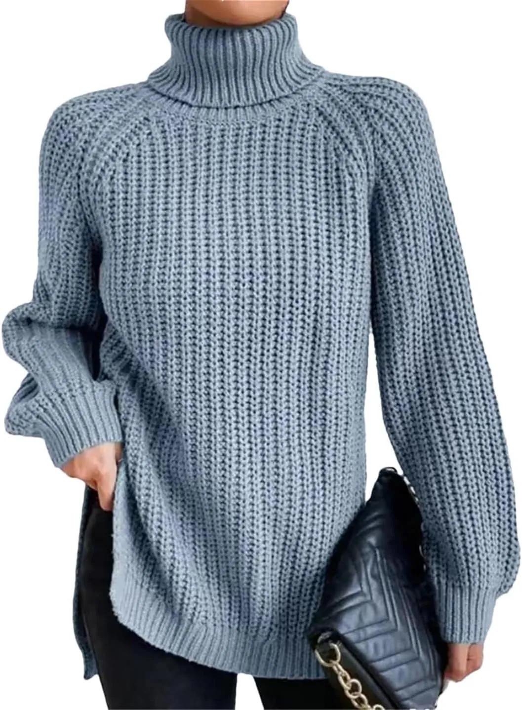 Women's Turtleneck Sweater Oversized Knitted Pullover Slit Solid Color Chunky Sweaters Jumpers